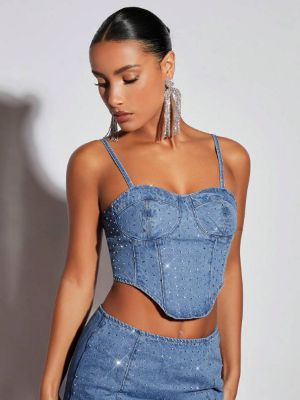 shein bae asymmetrical hem rhinestone bustier cami denim top sold by SHEIN