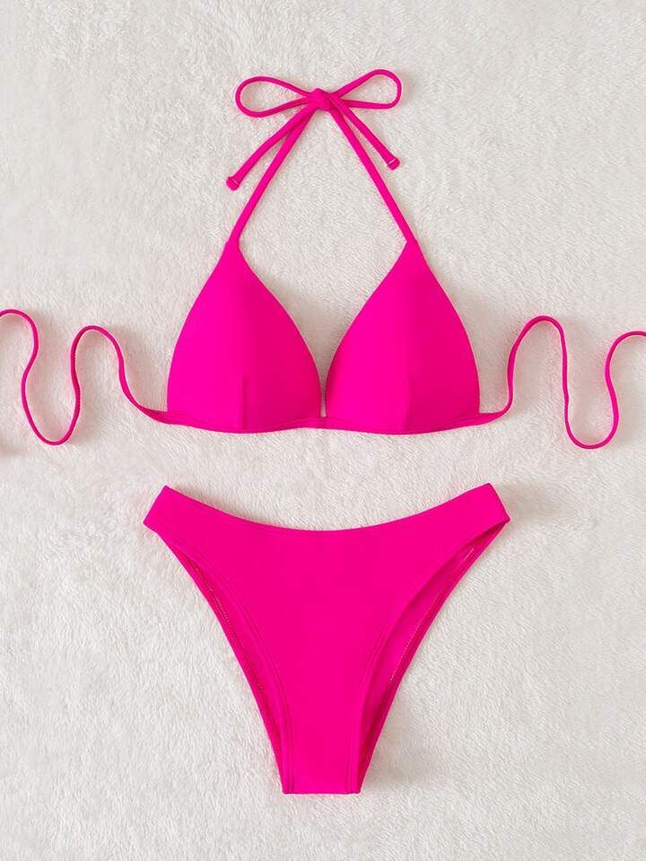 solid bikini set push up bra & bikini bottom 2 piece bathing suit sold by SHEIN