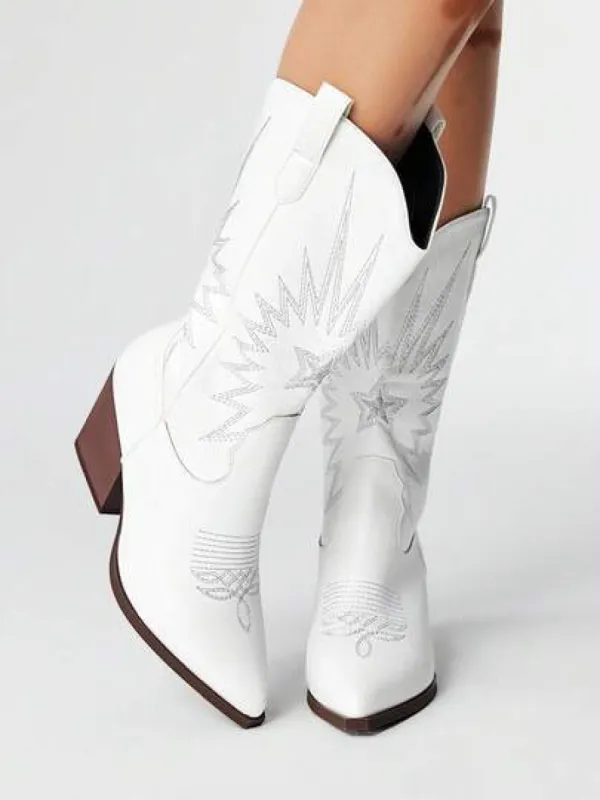 ROMWE Fairycore Women's White Pointed Toe Chunky Heel Embroidered Western Boots, Leather, New Autumn/Winter Outdoor Fashion Mid-Calf Boots | SHEIN made by SHEIN
