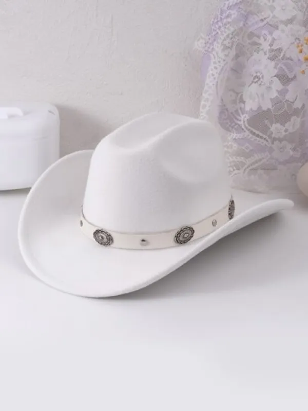 One Women Solid Color Studded PU Leather Band Jazz Panama Western Cowboy Hat, Suitable For Daily Vacation Parties Sun Protection Daily Use Cowboy Hat Cowgirl Hat Halloween | SHEIN made by SHEIN