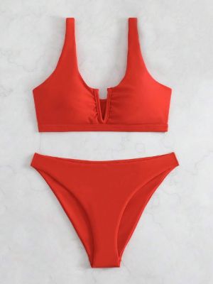 Plain V Neck Bikini Swimsuit sold by SHEIN