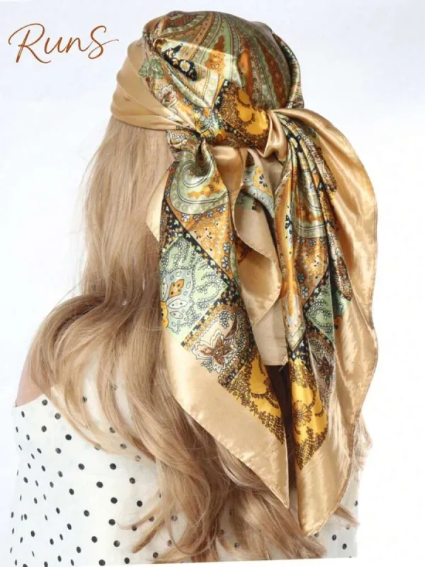 1 pieza Pañuelo de seda para mujer con estampado de paisley dorado de estilo bohemio, suave para usar todo el año como pañuelo para la cabeza | SHEIN made by SHEIN