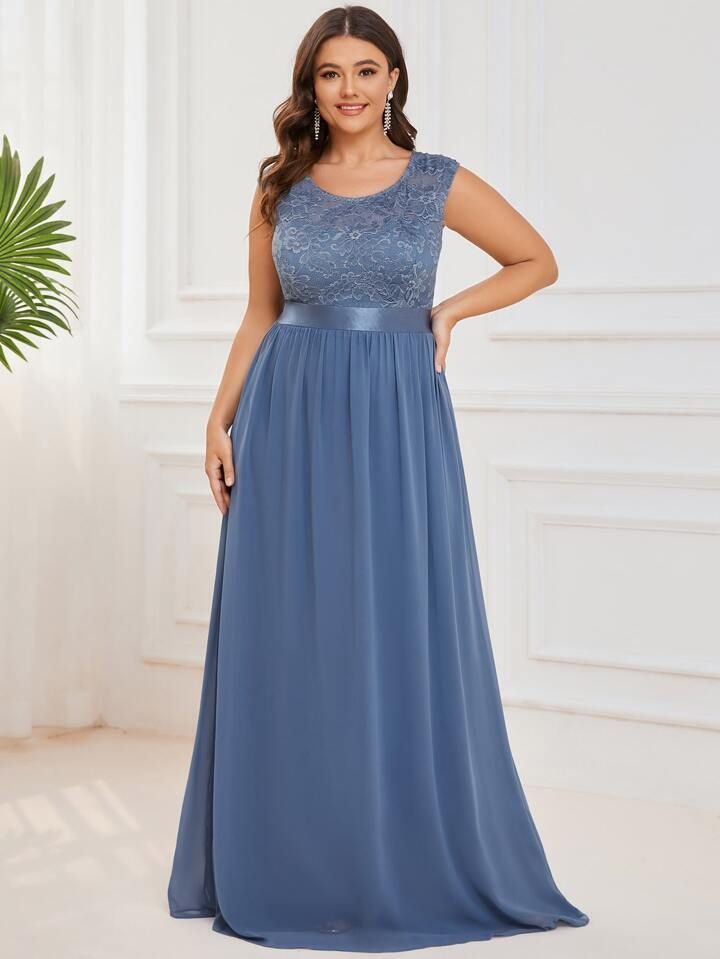 EVER-PRETTY Plus Solid Contrast Lace Chiffon A-line Formal Dress sold by SHEIN