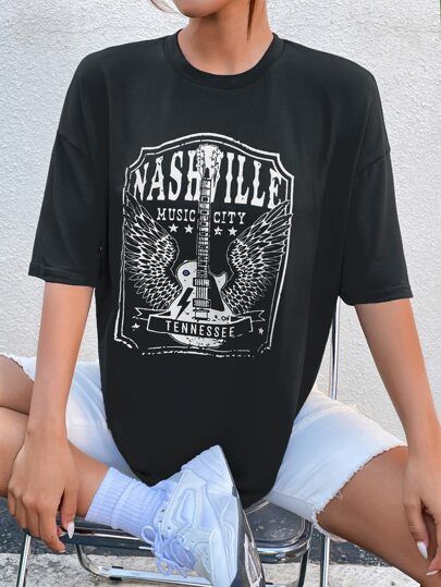 Guitar & Letter Graphic Drop Shoulder Tee sold by SHEIN