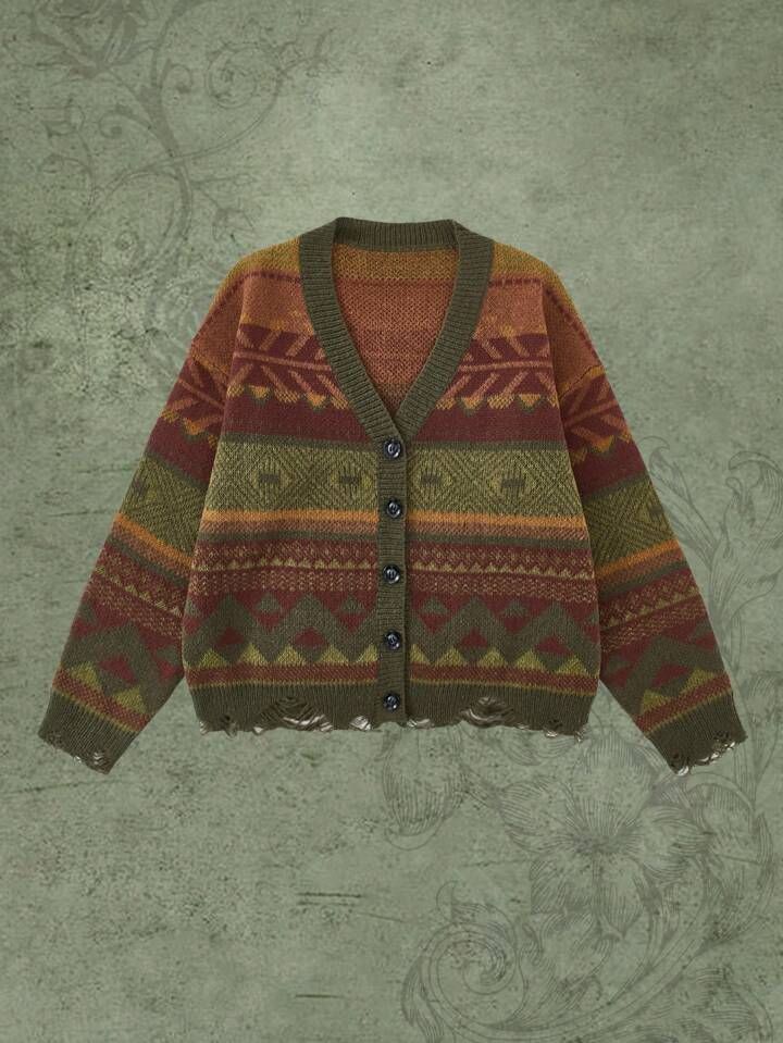 fairycore geo pattern button front cardigan sold by SHEIN