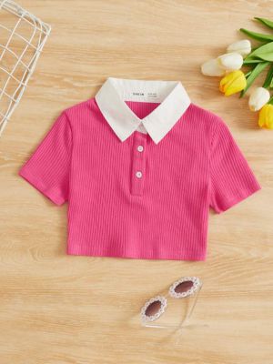 shein kids evryday girls contrast collar half button ribbed knit tee sold by SHEIN