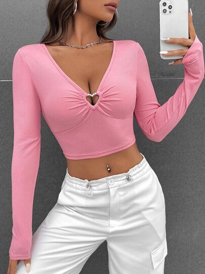 SHEIN EZwear Spring Break Balletcore Ribbed Knit Heart-Ring Crop Tee sold by SHEIN