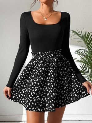SHEIN PETITE Square Neck Tee & Dalmatian Print Tie Front Skirt sold by SHEIN