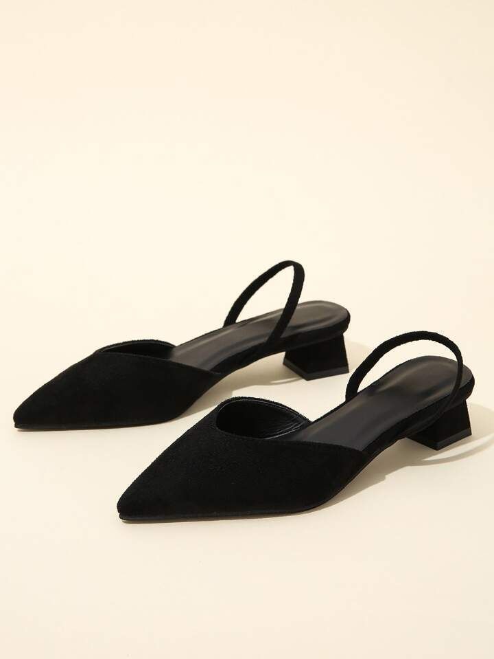 Suedette Point Toe Chunky Heeled Slingback Pumps sold by SHEIN