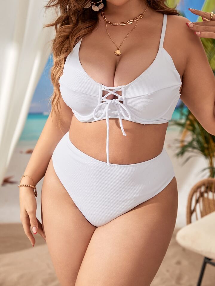 Plus Lace Up Front Bikini Swimsuit sold by SHEIN