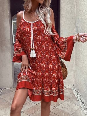 SHEIN VCAY Allover Print Cold Shoulder Ruffle Hem Dress sold by SHEIN