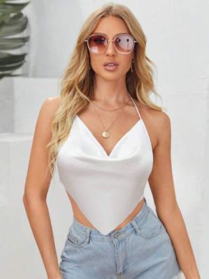 SHEIN BAE Tie Backless Asymmetrical Hem Satin Halter Top sold by SHEIN