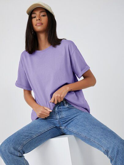 SHEIN BASICS Cotton Drop Shoulder Cuffed Sleeve Oversized Tee sold by SHEIN