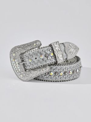 1pc Women Silver Rhinestone Decor Flower Engraved Buckle Belt For Daily Life made by SHEIN