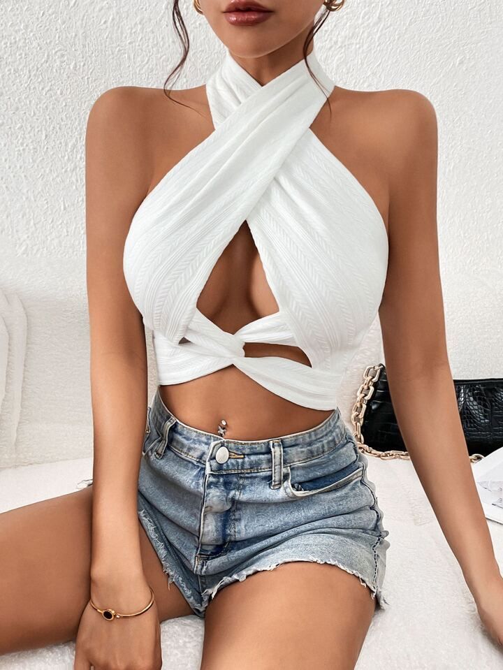 SHEIN BAE Twist Criss Cross Front Backless Crop Halter Top sold by SHEIN