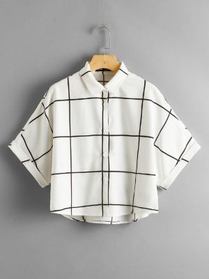 SHEIN LUNE Cuffed Batwing Sleeve Grid Shirt sold by SHEIN