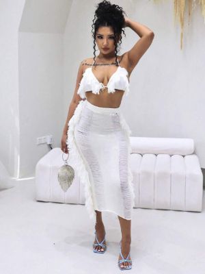 fringe trim crop halter top & ripped skirt sold by SHEIN