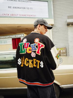 men playing card & slogan embroidery vintage varsity jacket sold by SHEIN
