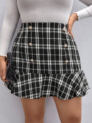 shein privé plus plaid fake button ruffle hem tweed skirt sold by SHEIN