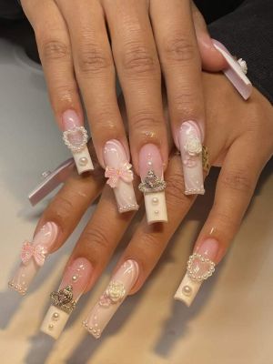 24pcs long coffin 3d bow decor fake nail & 1pc nail file & 1sheet tape sold by SHEIN