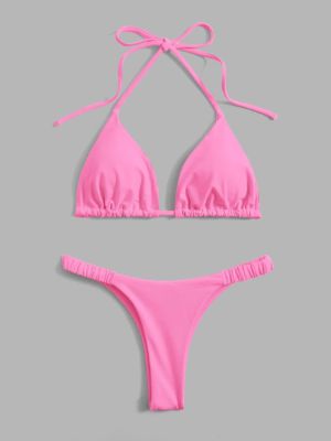 solid bikini set halter triangle bra & thong 2 piece bathing suit sold by SHEIN