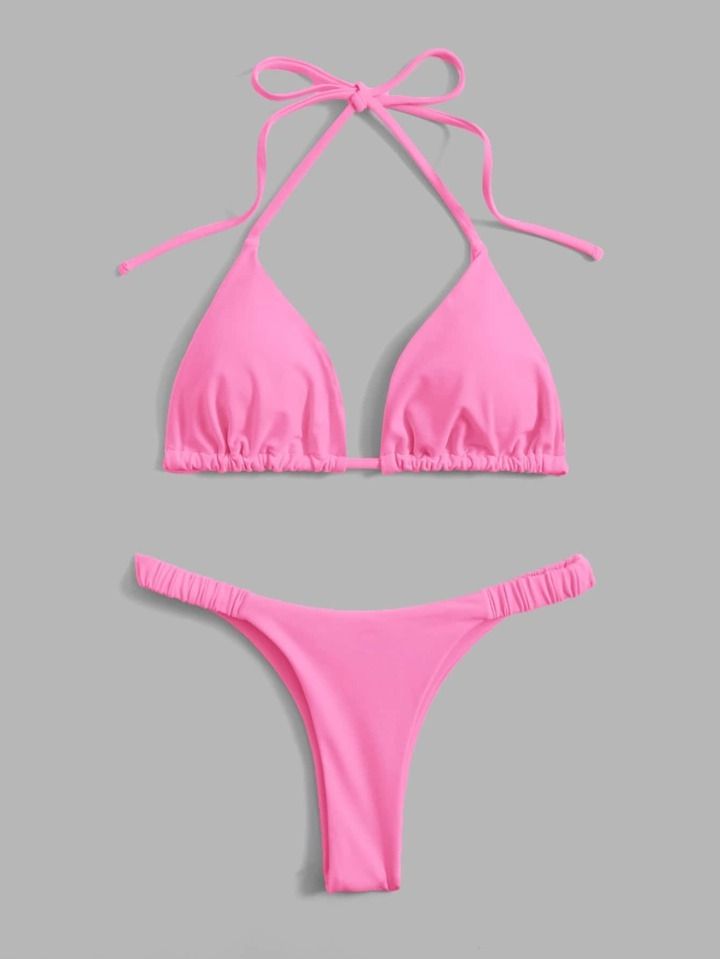 solid bikini set halter triangle bra & thong 2 piece bathing suit sold by SHEIN
