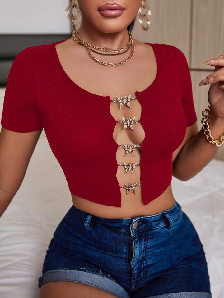 shein sxy butterfly decor ribbed knit crop tee sold by SHEIN