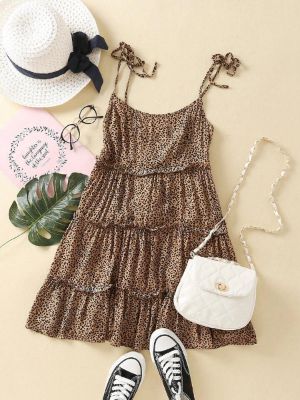 shein wywh tie shoulder frill trim leopard cami dress sold by SHEIN
