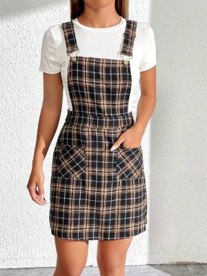 shein ezwear plaid print pocket patched overall dress without tee sold by SHEIN