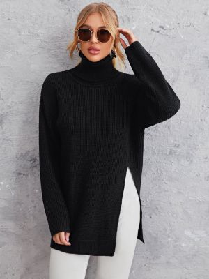 shein essnce solid high neck split hem sweater sold by SHEIN