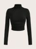 SHEIN EZwear Black Mock Neck Ruched Tee sold by SHEIN