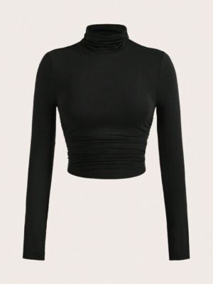 SHEIN EZwear Black Mock Neck Ruched Tee sold by SHEIN