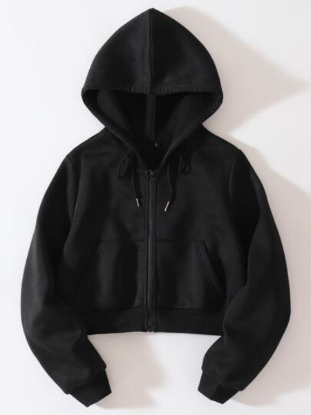SHEIN EZwear Solid Drawstring Zip Up Thermal Lined Crop Hoodie sold by SHEIN