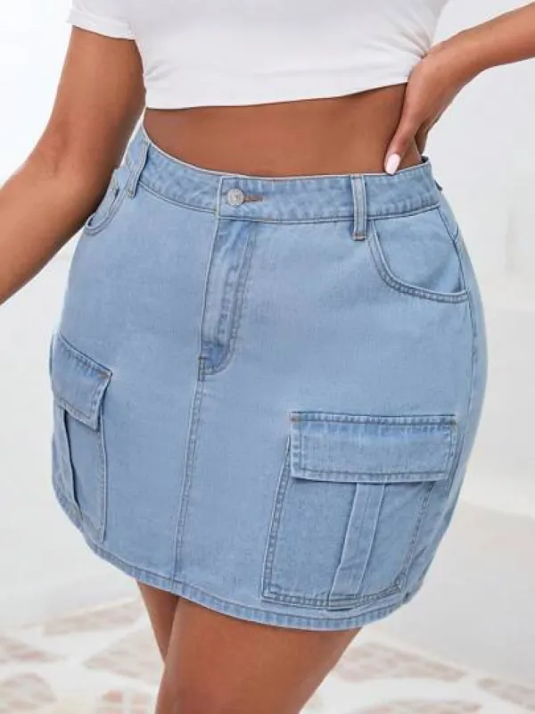 SHEIN Essnce Plus Flap Pocket Denim Skirt sold by SHEIN