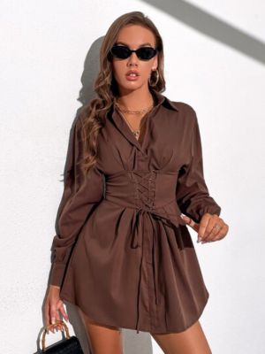 SHEIN Frenchy Cut Out Back Lace Up Waist Shirt Dress sold by SHEIN