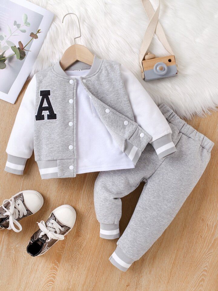 baby boy letter patched thermal lined bomber jacket & joggers sold by SHEIN