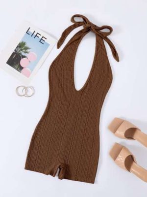 SHEIN Privé Solid Halter Neck Backless Cable Knit Unitard Romper sold by SHEIN