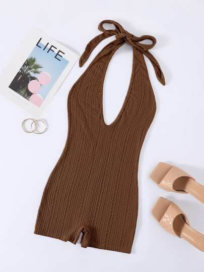 SHEIN Privé Solid Halter Neck Backless Cable Knit Unitard Romper sold by SHEIN