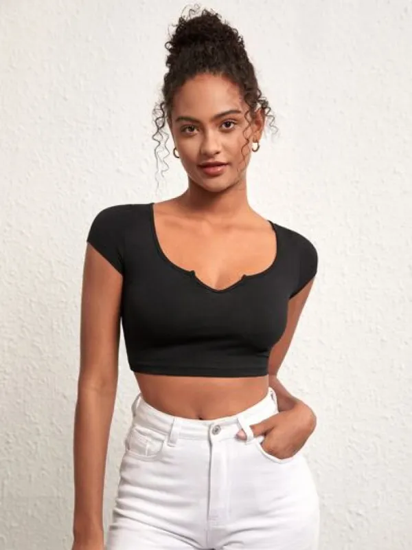 SHEIN BASICS Notched Neck Crop Tee sold by SHEIN