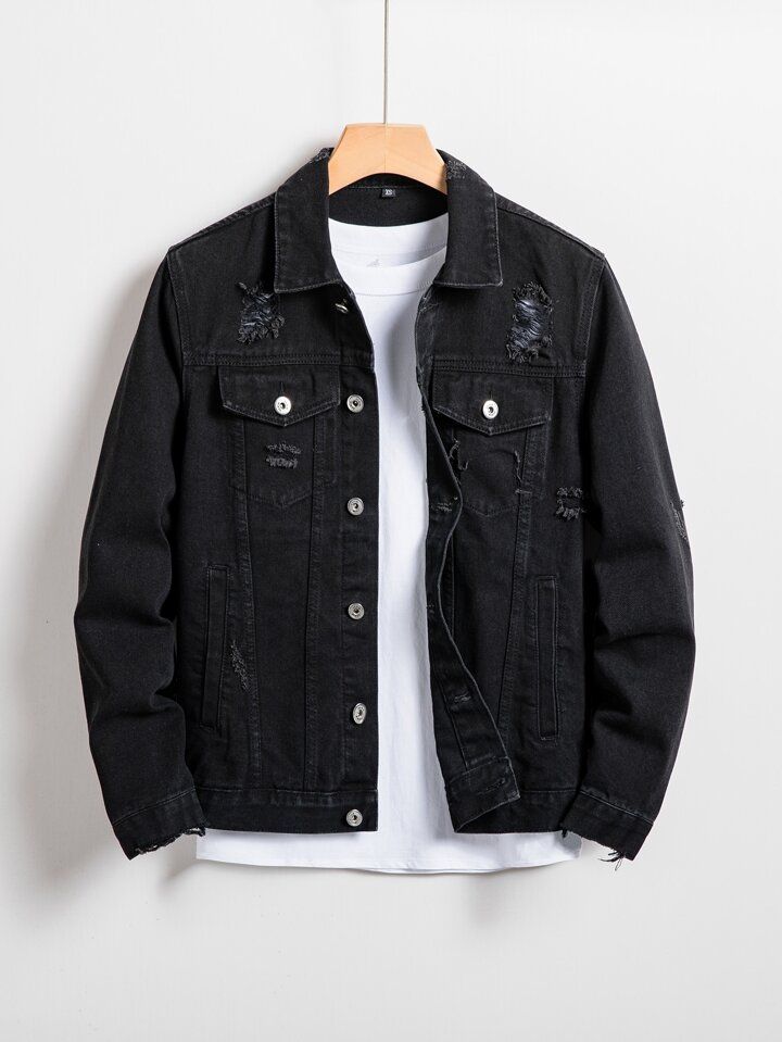 manfinity homme men cotton ripped button front denim jacket sold by SHEIN