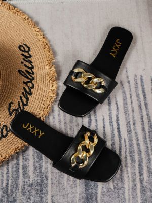 Women Chain Decor Slide Sandals, Fashionable Summer Black Flat Sandals sold by SHEIN