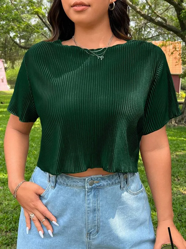 SHEIN EZwear Plus Size Women's Summer Plain V-Neck Short Sleeve Ruched Crop Top | SHEIN sold by SHEIN