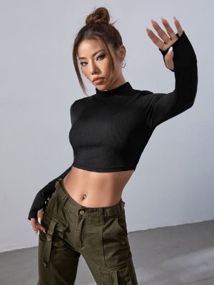 SHEIN ICON Gorpcore Mock Neck Thumb Holes Crop Tee sold by SHEIN