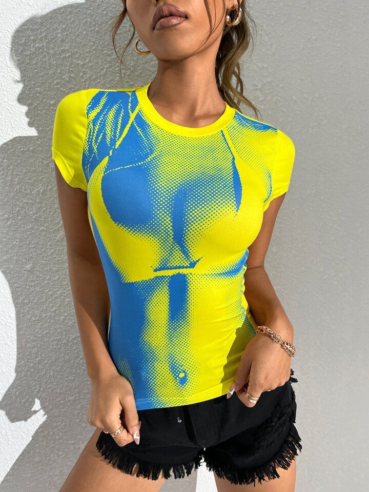 shein icon dopamine dressing body heat map print round neck tee sold by SHEIN