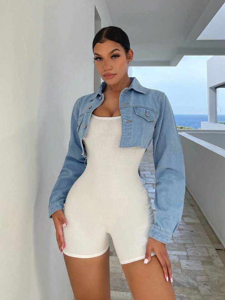 shein sxy flap pocket crop denim jacket without unitard romper sold by SHEIN