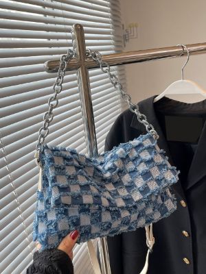 Checkered Pattern Raw Trim Flap Chain Denim Square Bag sold by SHEIN