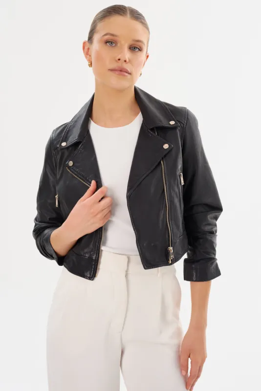 JANIKA | Cropped Leather Biker Jacket sold by LAMARQUE