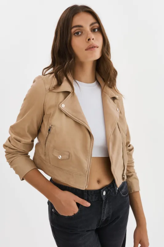 JANIKA | Cropped Leather Biker Jacket sold by LAMARQUE