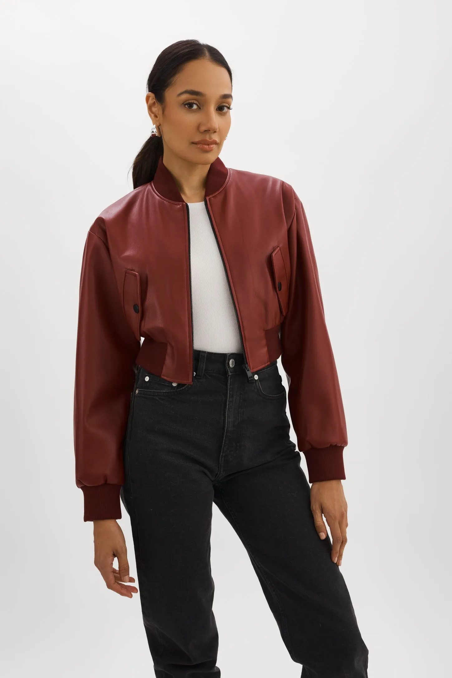 EVELIN | Faux Leather Cropped Bomber sold by La Marque