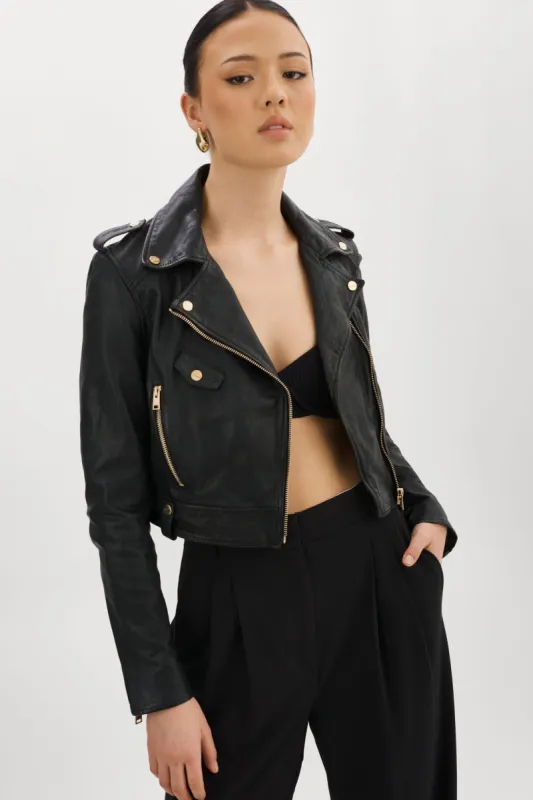 CIARA GOLD | Cropped Leather Biker Jacket sold by La Marque